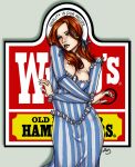 1girl arms_under_breasts breasts cleavage clothed clothing dress female_only mascot mascots miravi non-nude redhead solo_female striped stripes tagme text wendy&#039;s wendy_(wendy&#039;s)