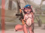 1girl absurd_res ak-47_(object) breasts cross female_only fox foxy_2 furry gun hat kalashnikov_(rifle) miles-df miles_df necklace nipples nude rifle tail vulpine weapon