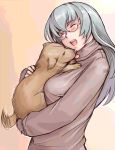  1girl animated animated_gif bespectacled blush breasts closed_eyes dog fukitamari gif glasses hair happy holding large_breasts long_hair older open_mouth rozen_maiden rozenweapon silver_hair solo suigintou sweater tail tail_wagging tongue tsuda_nanafushi 