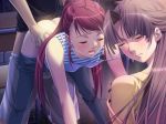 1boy 2_girls alea arm_support asao_ren bent_over blush brown_hair caught classroom closed_eyes clothed_sex doggy_position forced_to_watch from_behind game_cg hair helpless ino_(alea) jpeg_artifacts long_hair looking_away multiple_girls niimi_saya open_mouth panties pants_pull panty_pull ponytail rape red_hair sex shame striped tank_top teacher teeth torso_grab underwear