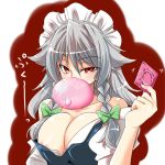  1girl areola_slip areolae bangs blush body_blush bow braid breast_squeeze breasts bust cleavage clothes_down collarbone condom condom_in_mouth eyebrows female hair_bow headband huge_breasts inflated_condom izayoi_sakuya large_breasts looking_at_viewer maid maid_headdress mouth_hold naughty_face nipple_slip nipples off_shoulder open_clothes open_shirt red_background red_eyes sakuya_izayoi shiny shiny_clothes shiny_hair shiny_skin shirt silver_hair solo tajima_yuuki the_embodiment_of_scarlet_devil touhou twin_braids upper_body 