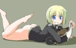  1girl ass bare_legs barefoot blonde_hair blue_eyes bottomless dachshund dog erica_hartmann feet grin holding holding_panties lying naitou_kouse no_panties on_stomach panties panties_removed panty_dangle puppy short_hair simple_background smile solo strike_witches sweatdrop underwear white_panties 