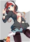  1girl big_breasts black_legwear blue_eyes blush breasts brown_hair casual curvy grey_background hand_in_pocket hat high_res highres hood hoodie jacket large_breasts legwear_under_shorts long_hair midriff nasudora navel no_bra open_clothes open_fly open_shirt pantyhose pokemon pokemon_(game) pokemon_black_and_white pokemon_bw shirt short_hair shorts simple_background sleeves_pushed_up smile solo tepig thighs touko_(pokemon) unzipped white_(pokemon) white_border 