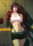  big_breasts breasts brown_eyes brown_hair dmitrys earrings elbow_gloves english_text final_fantasy final_fantasy_vii fingerless_gloves gloves graffiti hair jewelry large_breasts lips long_hair low-tied_long_hair materia midriff miniskirt navel skirt solo suspenders tank_top taut_shirt text tifa_lockhart 
