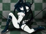  2girls an-bl bdsm black_hair black_rock_shooter black_rock_shooter_(character) blue_eyes blush bondage boots bound breasts chain chains coat dead_master fingering glowing glowing_eyes hand_in_shorts knee_boots long_hair multiple_girls navel nipple_tweak nipples one_eye_closed pale_skin pussy_juice scar short_shorts shorts sitting smile sweat twintails wince wink yuri 