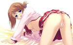 blue_eyes blush breasts brown_hair character_request cum eyebrows nipples pussy school_uniform stockings uncensored