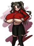  1girl black_hair black_legwear blue_eyes blush bow breast_expansion breasts fate/stay_night fate_(series) female gigantic_breasts hair_bow huge_breasts long_hair matsu-sensei navel no_bra skirt solo sweater thighhighs tohsaka_rin toosaka_rin two_side_up underboob undersized_clothes wince zettai_ryouiki 