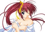  1girl bare_shoulders bow breasts cleavage comic_party hentai long_hair one_eye_closed ponytail purple_eyes red_hair redhead solo takase_mizuki violet_eyes wink yellow_bow 