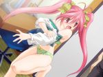  1girl :o aikawa_hina antenna_hair bare_shoulders barefoot blush book bow bow_panties bra chair desk dutch_angle game_cg green_panties hair_bow hands hentai jewelry leg_lift legs lingerie long_hair midriff mitarashi_kousei open_mouth panties pink_hair polka_dot polka_dot_panties red_eyes ribbon ring solo surprise surprised twintails underwear underwear_only undressing walk-in yuuane_to_issho yuunee_to_issho 