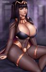  1girl arm_support black_hair bodystocking breasts cape circlet cleavage covered_navel fire_emblem fire_emblem_awakening flowerxl huge_breasts lips long_hair looking_at_viewer purple_eyes tharja thighlet thighs wide_hips 