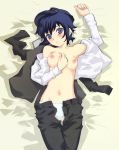  1girl atlus bed blue_eyes blue_hair breasts hat highres jacket lying megami_tensei nagy nipples open_clothes open_fly open_shirt panties persona persona_4 shirogane_naoto shirt short_hair solo topless underwear unzipped 