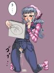  1girl ace_attorney after_sex aftersex blue_eyes blue_hair blush capcom censored cum cum_drip cum_in_pussy cum_inside ese_makoto female female_only full_body overalls pussy simple_background sketchpad solo solo_female sweat unzipped vaginal vera_misham 