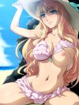  1girl areolae arms_up bare_shoulders beach bikini bikini_lift bikini_skirt blonde_hair blue_eyes breast_slip breasts cleavage cloud clouds embarrassed female frilled_bikini frills hairu hat highres jewelry large_breasts legs long_hair looking_away macross macross_frontier navel necklace nipples ocean one_breast_out sand sheryl_nome shiny shiny_skin sitting sky solo sweatdrop swimsuit thighs water 
