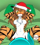 anthro arms_behind_head bed blush brown_hair butt claws countershading digitigrade felid female flora_(twokinds) fur furry hair imminent_sex keidran legs_apart mammal nude one_eye_closed orange_body orange_fur pantherine santa_hat stripes tail tiger tom_fischbach tongue tongue_out trace_legacy twokinds webcomic webcomic_character white_body white_fur yellow_eyes