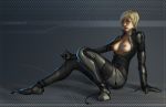  1girl arm_support artist_request blonde_hair bodysuit breasts breasts_outside cable erect_nipples konami laughing_octopus metal_gear metal_gear_(series) metal_gear_solid metal_gear_solid_4 nipples open_clothes short_hair sitting solo topless 