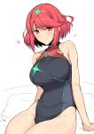 1girl bangs bare_shoulders breasts competition_swimsuit hair_ornament harukon_(halcon) heroine large_breasts looking_at_viewer one-piece_swimsuit pyra red_eyes red_hair short_hair simple_background sitting smile sweat swimsuit thighs white_background xenoblade xenoblade_(series) xenoblade_chronicles_2