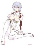  1girl bangs blue_hair blush bodysuit bracer breasts breasts_apart breasts_outside flat_color full_body gloves groin hair_between_eyes hair_ornament hand_on_own_chest hips konkitto looking_at_viewer navel neon_genesis_evangelion nipples no_bra no_panties parted_lips pilot_suit plugsuit red_eyes rei_ayanami short_hair simple_background sitting solo sweat torn_bodysuit torn_clothes turtleneck white_background 