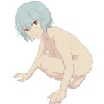  1girl arm_support barefoot bent_over blue_hair collarbone female looking_at_viewer lowres mebae neon_genesis_evangelion nude pale_skin parted_lips red_eyes rei_ayanami short_hair simple_background solo squat squatting white_background 