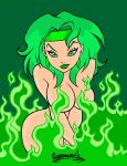 ass assesina beatriz_da_costa big_breasts breasts cleavage dc_comics drawing female fire_(dc) green_eyes green_hair green_lips headband justice_league_international lipstick nude