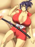  1girl artist_request breasts cleavage female huge_breasts japanese_clothes lying manyuu_chifusa manyuu_hikenchou purple_hair sword weapon 