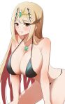  1girl absurd_res alluring big_breasts bikini black_bikini blonde_hair blush breasts chest_jewel core_crystal_(xenoblade) embarrassed gem hands_on_own_knees headpiece high_res kanuici336 leaning_forward light_frown long_hair looking_at_viewer mythra nintendo sidelocks swept_bangs swimsuit tiara white_background xenoblade_(series) xenoblade_chronicles_2 yellow_eyes 