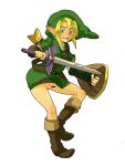  1boy blonde_hair blue_eyes boots light-skinned_male light_skin link male nintendo penis shield simple_background solo sword testicles the_legend_of_zelda weapon white_background 