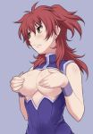  1girl blush breast_hold breasts covering covering_breasts framed_breasts gundam gundam_00 maruto maruto! nena_trinity open_clothes open_shirt red_hair shirt solo sweatdrop yellow_eyes 