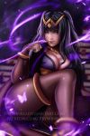 1girl ass big_breasts black_hair blush bodystocking breasts circlet cleavage finger_to_mouth fire_emblem fire_emblem_awakening grey_eyes jewelry legs lips long_hair looking_at_viewer prywinko ring sitting tharja thighlet thighs