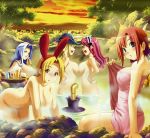 5girls alcohol all_fours animal_ears beer blonde_hair blue_eyes blue_hair blush breast_press breasts chris_campbell hanging_breasts hat impossible_towel juujika koutaro large_breasts long_hair mad_dog_(company) multiple_girls naked_towel nipples nude onsen pink_hair princess_sara rabbit_ears red_hair rio_rollins rosa_canyon short_hair sunset super_blackjack symmetrical_docking tiffany_abbott towel yellow_eyes