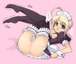  1girl ahoge blonde_hair censored fate/stay_night fate_(series) flat_chest green_eyes hairband kotamaru-mu kotamaru_(pajama_soft) light_skin maid nipples no_panties open_clothes open_mouth pussy saber solo tears thighhighs toe-point upskirt 
