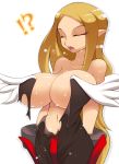  !? 1girl blonde_hair breasts cleric closed_eyes disgaea female hair healer healer_(disgaea) huge_breasts long_hair noise pointy_ears solo sweat torn_clothes white_background 