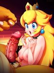  1boy 1girl animal_genitalia animal_penis blonde_hair blue_eyes bowser breasts huge_penis impossible_fit interspecies large_breasts no_nose penis princess_peach size_difference smaller_female super_mario_bros. 