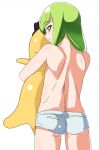 1boy ass back butt_crack c.c. cc cheese-kun code_geass femboy genderswap genderswap_(ftm) gluteal_fold green_hair hug hugging long_hair looking_back male male_only pizza_hut saga_inu short_shorts shorts topless topless_male trap white_background yellow_eyes young
