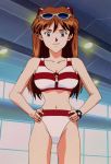 1girl 80s anime asuka_langley_souryuu bikini breasts holding_hips neon_genesis_evangelion red_hair smile sunglasses 