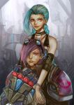2_girls 2girls aqua_hair bare_shoulders braid female female_only gauntlets goggles hairline jewelry jinx_(league_of_legends) league_of_legends long_hair multiple_girls necklace pink_hair shevan short_hair shoulder_pads tattoo twin_braids vi_(league_of_legends)