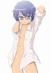  1girl anime arm_behind arm_up bad_id blue_eyes blue_hair bottomless dressing female flat_chest glasses hands_behind_head hentai hidamari_sketch naka no_panties open_clothes open_shirt sae shiny shirt short_hair simple_background sleeves_rolled_up small_breasts solo stretch white_background 