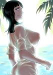 1girl ass back beigoma black_hair blue_eyes breasts butt_crack female huge_breasts looking_back nico_robin nipples one_piece see-through smile solo straw_hat_pirates swa06084 swimming wading water wet wet_clothes