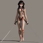  1girl 3d animated barefoot big_breasts bikini black_hair bodypaint bounce bouncing_breasts breasts cg dual_wield dual_wielding erect_nipples feet front_view full_body gif grey_background huge_breasts katana latex long_hair looking_at_viewer neo_ranga red_eyes simple_background sling_bikini solo stimuli swimsuit sword tattoo weapon 