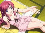  1girl arm_support bare_shoulders blue_eyes blush bow breasts chemise cleavage erect_nipples from_above hentai kazami_mizuho large_breasts legs lingerie lipstick long_hair makeup makino_ryuuichi nightgown on_floor onegai_teacher outstretched_hand pajamas pillow pink_hair purple_eyes reclining red_hair sitting smile solo strap_slip tatami teacher underwear wallpaper watermark 