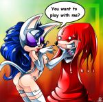 cosplay crossover darkstalkers felicia knuckles_the_echidna knuxouge nancher rouge_the_bat sega sonic sonic_(series) sonic_the_hedgehog_(series) speaking speech_bubble text