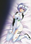 after_sex asuka_(nonono_tsuushin) bed blue_hair breasts cum cum_on_hair lying neon_genesis_evangelion nipples plugsuit red_eyes rei_ayanami torn_clothes