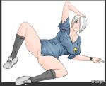  1girl angel_(kof) blue_eyes bottomless breasts censored champ+ hair horny king_of_fighters lipstick no_panties pussy shirt snk solo t-shirt the_king_of_fighters white_hair 