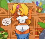  1girl 1girl 5_fingers aku-aku anthro anus ass bandicoot bent_over biped black_nose blonde_hair blue_clothing bouncing_ass bouncing_breasts clothing_aside coco_bandicoot crash_(series) detailed_background dialogue flower flower_in_hair fur furry gif green_eyes grin hair_ornament humanoid_hands light_fur long_hair mammal marsupial multicolored_fur naughty_dog open_mouth open_smile orange_fur overalls pale_fur panties panties_aside pink_pussy plant presenting presenting_hindquarters presenting_pussy pussy rear_view shaking_butt signature smile sony_corporation sony_interactive_entertainment speech_bubble talking_to_viewer tan_fur the_other_half two_tone_fur underwear underwear_aside white_clothing 