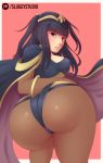  1girl ass big_breasts black_hair blue_eyes bodystocking breasts cape circlet fire_emblem fire_emblem_awakening huge_ass jewelry long_hair looking_at_viewer looking_back parted_lips sideboob tharja thighs 