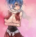  1girl blue_hair blush breast_hold breasts cleavage crossed_arms embarrassed flying_sweatdrops huge_breasts large_breasts looking_away manyuu_chifusa manyuu_hikenchou okishi_jien okishiji_en ponytail scarf solo yellow_eyes 