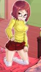  1girl 4chan bed bedroom cap-tan clothed cosplay female female_human glasses kneeling looking_at_viewer pussy_juice red_eyes scooby-doo skirt tongue tongue_out velma_dinkley 