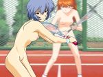  2girls ass asuka_langley_souryuu blue_eyes blue_hair breasts erect_nipples hairless_pussy multiple_girls neon_genesis_evangelion nipples nude nude_filter orange_hair photoshop pussy red_eyes red_hair rei_ayanami small_breasts socks sport sports tennis uncensored wristband 