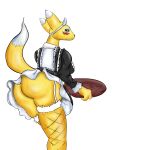 1_anthro 1_female 1_female_anthro anthro_fox ass blush digimon female_anthro female_anthro_fox female_renamon fox furry looking_at_viewer looking_back maid maid_uniform no_panties nude raised_tail rear_view renamon solo standing stockings tail upskirt white_fur yellow_fur 