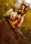  1girl 3d armor arrow barefoot barefoot_sandals black_hair blanket bow_(weapon) breasts farah_(prince_of_persia) grass highres lying midriff official_art on_back pillow pillows prince_of_persia prince_of_persia:_the_two_thrones solo video_games weapon 