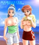 2girls beach blush breasts character_name come-come female lens_flare multiple_girls nami_(one_piece) nefertari_vivi nipples one_piece outdoors outside shirt_lift shirt_pull